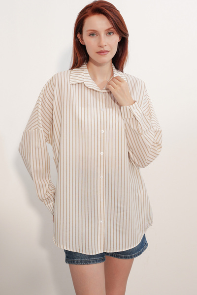 Women's Oversize Striped Shirt 20412 - Brown