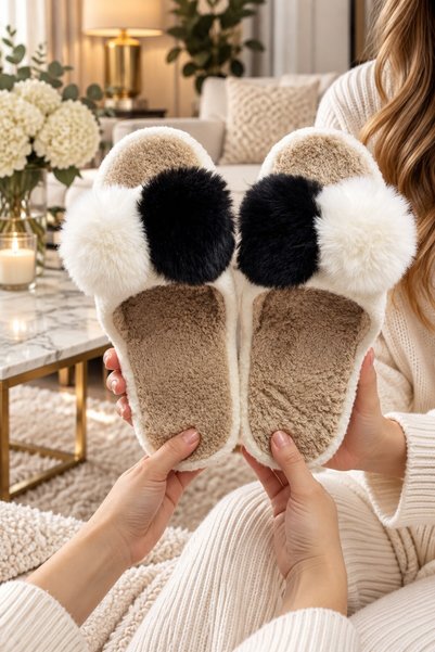 DOUBLE POMPOM Model Women's House Slippers - Warm Fluffy Slippers Silent Sole