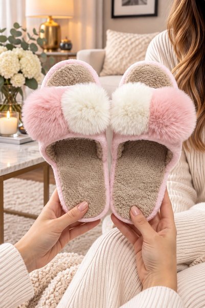 Double Pompon Model Women's House Slippers - Warm and Fluffy Slippers with Noiseless Soles