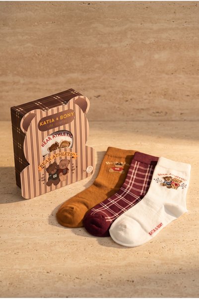 Unisex Bear Athletic Boxed 3-Piece Teddy Patterned Cotton Socks