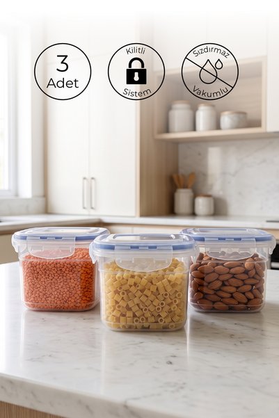 Set of 3 Square Vacuum Storage Containers with Labels, 750 ml Food Container with Lockable Lid