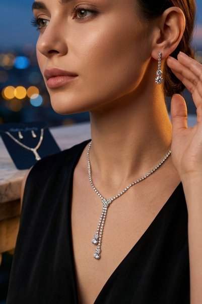 Women's Silver Color Zircon Stone Double Tassel Dangle Y Model Waterway Necklace and Earring Set - Evening Dress and Wedding Jewelry