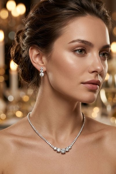 Women's Silver Color Zircon Stone Waterway Necklace with Large Stone in the Center and Triple Earrings Set - Evening Dress and Wedding Jewelry
