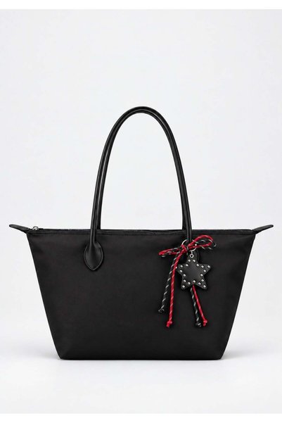 Black Women's Decorated Zippered Shopper Shoulder Bag