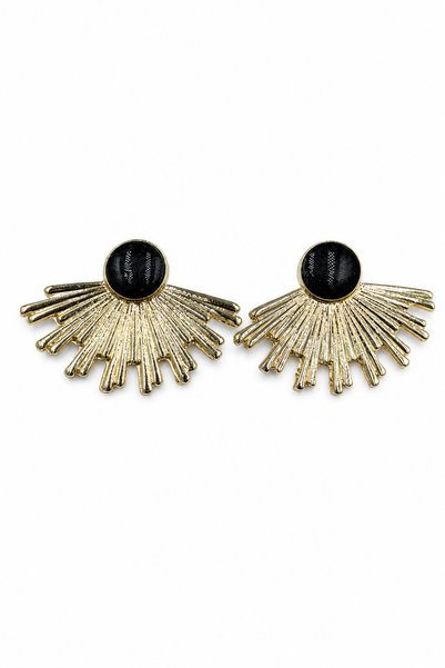Stylish Women's Yellow Color Black Stone Fan Patterned Bijouterie Earrings for Daily and Special Occasions