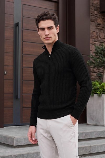 Knitted Patterned Cotton Half Zipper High Collar Sweater Men's Sweater 7022567