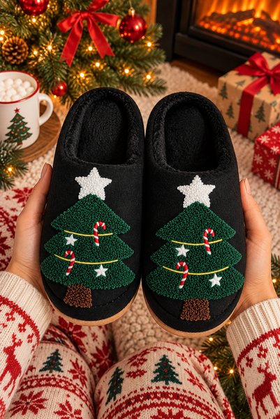 Women's New Year's Themed, Pine Tree Embroidered, Suede, Plush Lined House Slippers