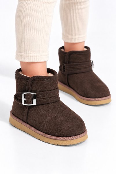Girl's Short Boots with Fur Inside, Suede Look, Belt Buckle, and Short Heel