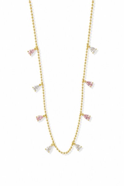 Stainless Steel Yellow Ball Chain Pink and Clear Drop Stone Necklace