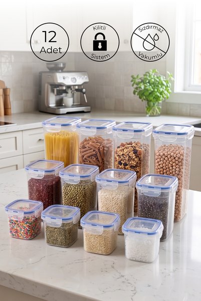 Set of 12 Square Vacuum Storage Containers with Labels (2250-1500-750 ml) Food Container with Lockable Lid
