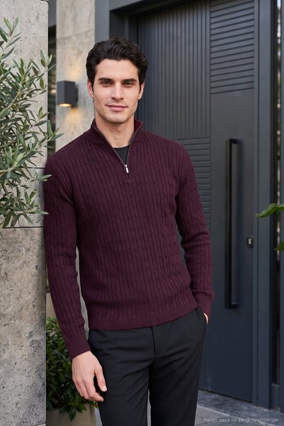 Knit Patterned Cotton Half Zip Stand Collar Sweater Men's KAZAK 7022567