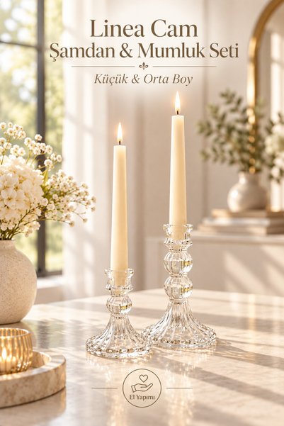 Linea Model Handmade Glass Candlestick and Candle Holder Set of 2 Small and Medium Size