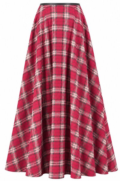 Red Waist Leather Striped Plaid Skirt - 2Y4977