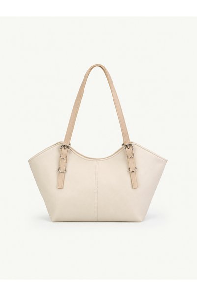 Cream SHK355 Large Volume, Buckle Detailed, Zippered, Adjustable Strap, Arm and Shoulder Bag