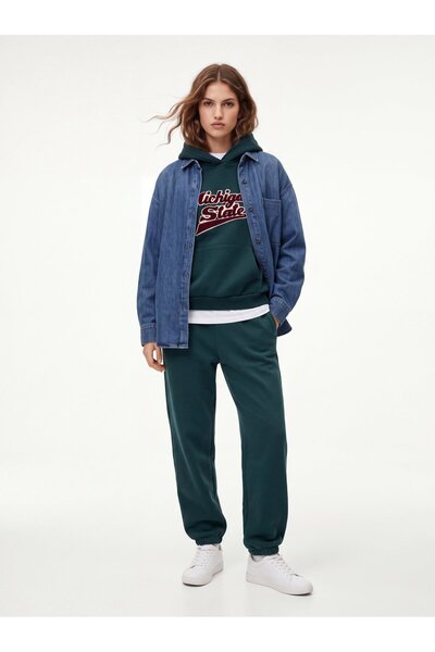 Regular Fit Green Hooded Sweatshirt with Print Detail