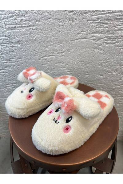 Women's Cream Shy Rabbit Detailed Plush Winter House Slippers 3 cm Byndmtftav01