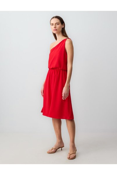 Red one shoulder asymmetric neckline knitted mini dress