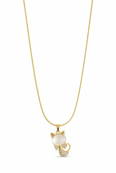 Stainless Steel Cat Figured Stylish Necklace with Yellow Color Stone Detail