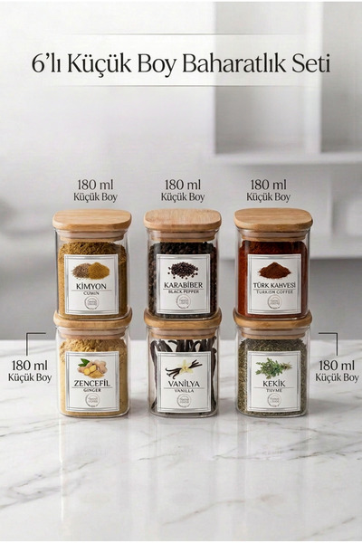 Set of 6 Small Size Bamboo Lid Spice Jars 180 ml Square Spice Jar Kitchen Organizer