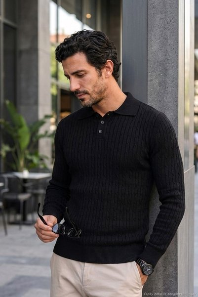 Knitted Patterned Cotton Buttoned Long Sleeve Polo Men's Polo 7020353
