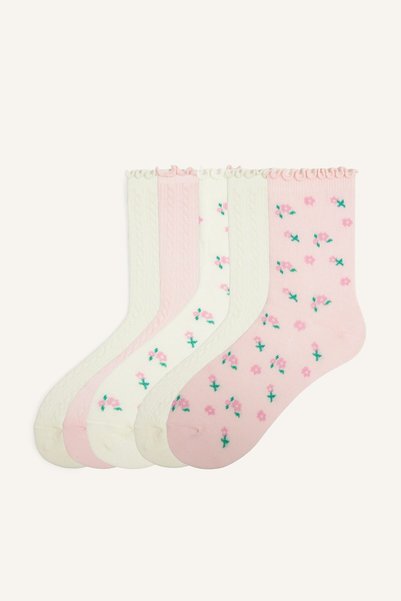 5-Pack Ruffled Floral Cotton Long Socks for Girls I5519A8Ns