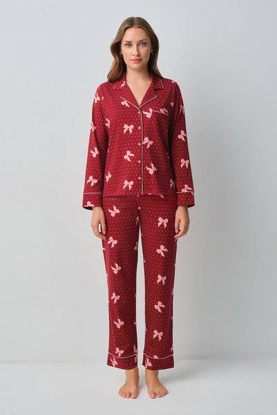 Teddy Ribbon Shirt Collar Pajama Set