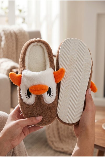 Women's Brown Plush Cute Penguin Figured House Slippers - Soft Sole Women's Plush Slippers