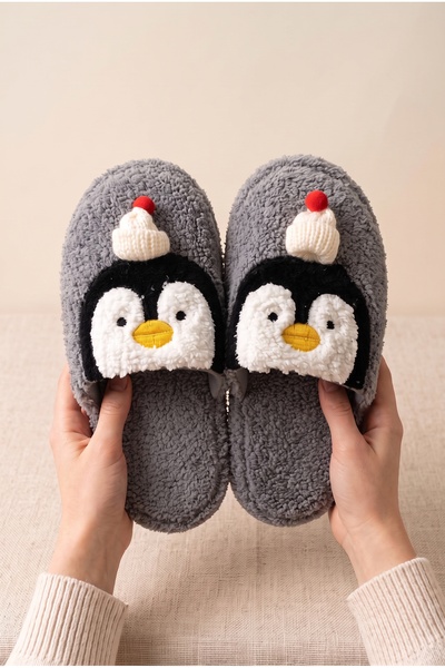 Women's Plush, Soft, Winter House Slippers with Penguin Figure