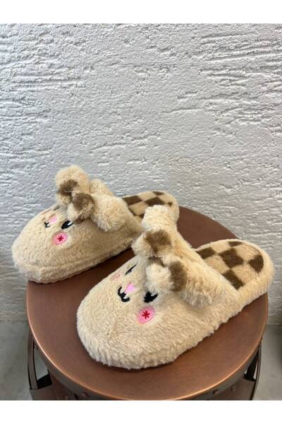 Women's Mink Shy Rabbit Detailed Plush Winter House Slippers 3 cm Byndmtftav01