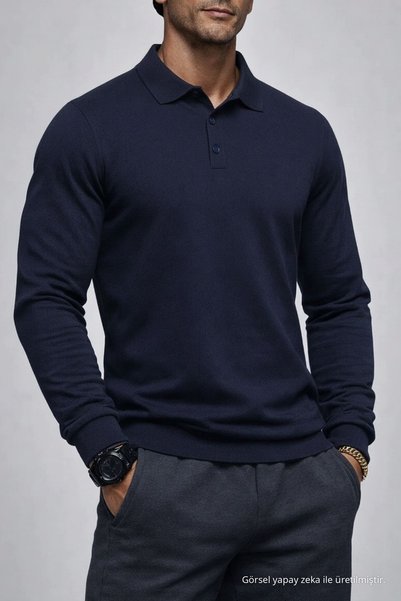 Men's Winter Comfortable Polo Neck Navy Blue Sweater