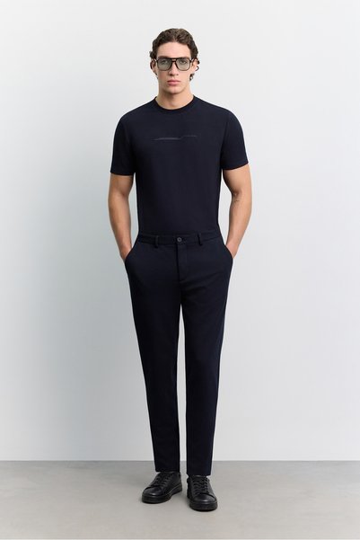 Men's Navy Blue Classic Waist Cotton Blend Elastane Relaxed Fit Trousers A62Y3061