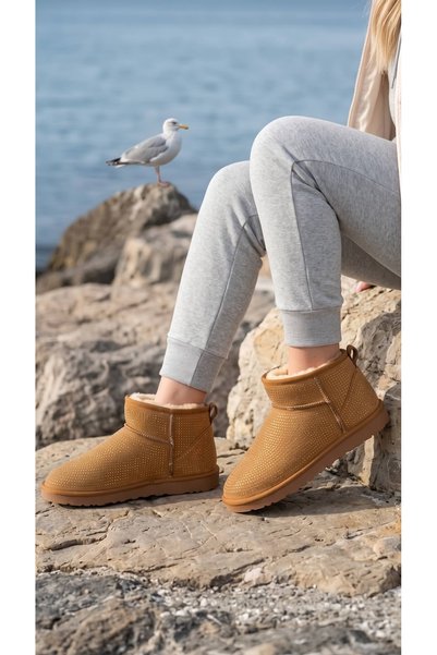 Women's Stoned Tan Ultra Mini Suede Boots with Fur Inside 3 cm Byndum01