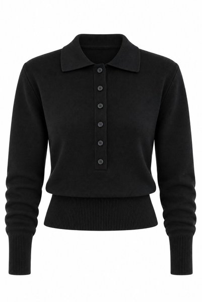 Black Polo Collar Buttoned Knitwear - 261121