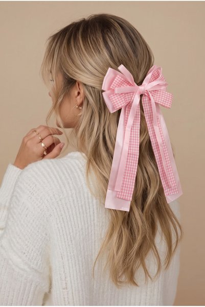 Double Bow Gingham Automatic Buckle Pink