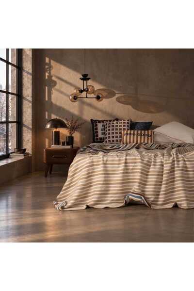 Soft Bayadere Cotton Double-Sided Double Blanket - Beige / Blue - 200X220 cm