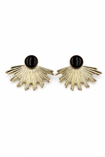 Yellow Tone Sunbeam Patterned Black Stone Detailed Stylish Women's Bijouterie Earrings