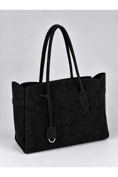 Black Suede Women's Shoulder Bag with Zippered Interior Compartment Shopper Model