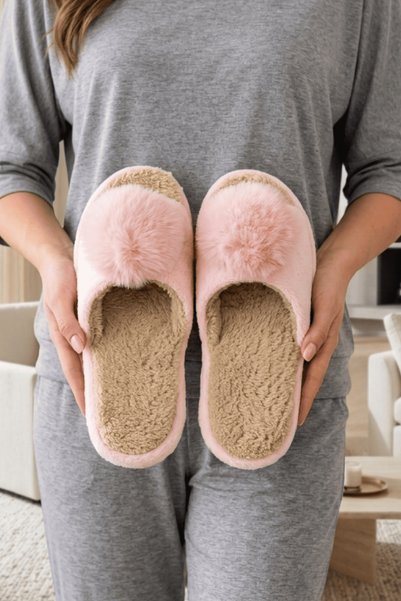 Women's Powder Open-Front Plush Winter House Slippers with Single Pompom Detail 3 cm Byndtpwrpon03