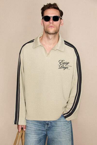 Elbrus Men's Printed Long Sleeve and Stripe Detailed Mink - Beige Sweatshirt