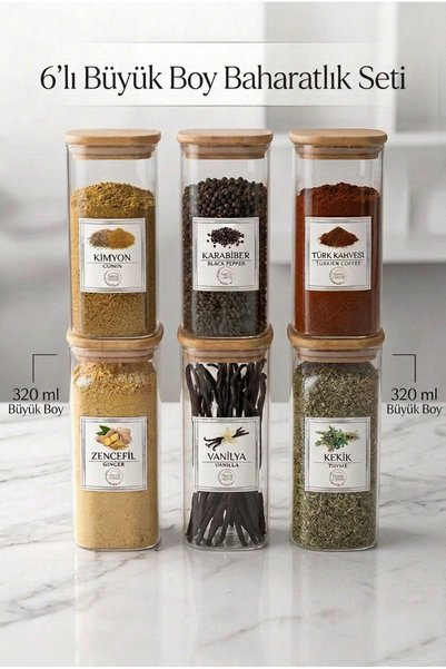 6-Piece Large Size Bamboo Lid Spice Jar Set 320 ml Labeled Square Spice Jar Kitchen Organizer