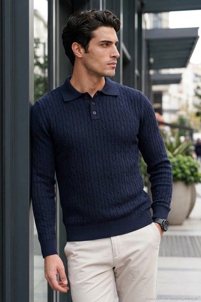 Knitted Patterned Cotton Buttoned Long Sleeve Polo Men's Polo 7020353