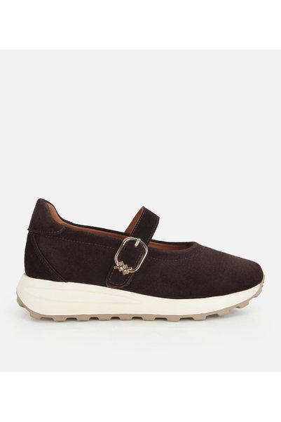 Women's Suede Leather Brown Strappy Gold Buckle Comfort Ballerinas