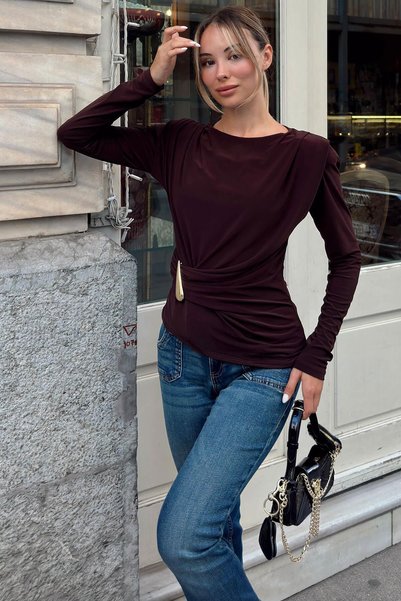 Brown Gold Waist Drape Accessory Detail Padded Women's Sandy Blouse