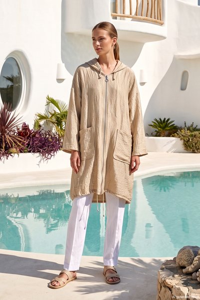 Hooded Pocket and Drawstring Detail Cap Jacket 14508 Beige