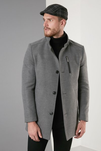 Normal Fit Buttoned Stand Collar Cashmere Coat Men's Coat 584002001