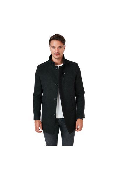 Normal Fit Buttoned Stand Collar Cashmere Coat Men's Coat 584002001