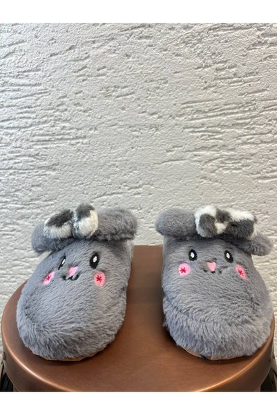 Women's Gray Shy Rabbit Detailed Plush Winter House Slippers 3 cm Byndmtftav01