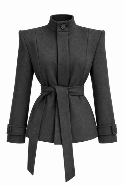 Anthracite Shoulder Pad Layered Jacket with Belt - 1001