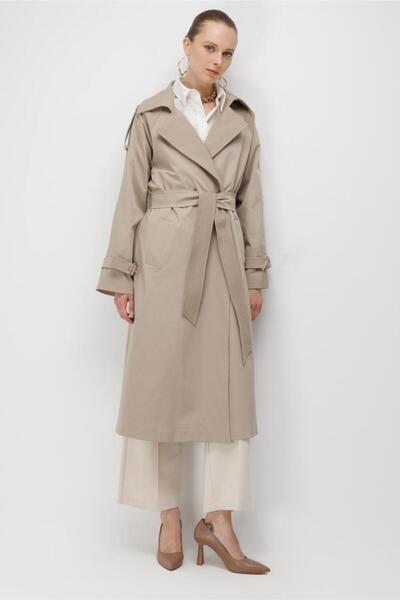 Beige Trench Coat with Stitching Detail and Epaulettes