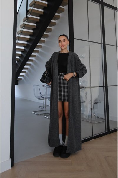Anthracite Wool Textured Long Cardigan